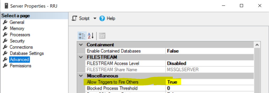 Verify whether the nested triggers option is enabled at the instance level in SSMS