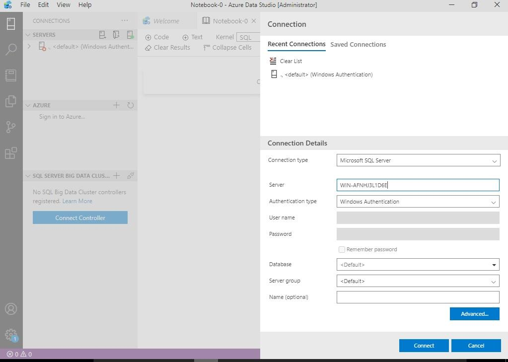 establish a database connection to the target server in Azure Data Studio