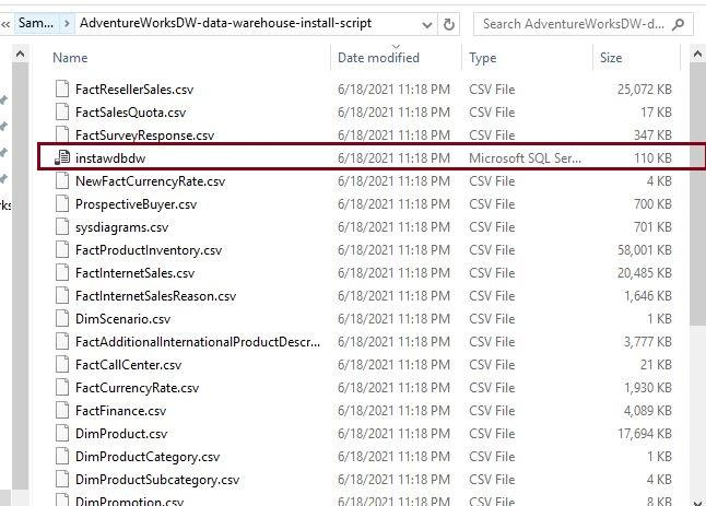SQL file named “instawdbdw” and multiple CSV files where the actual data is
