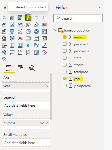 select the Clustered Column Chart option from the visualization pane of the Power BI reports view
